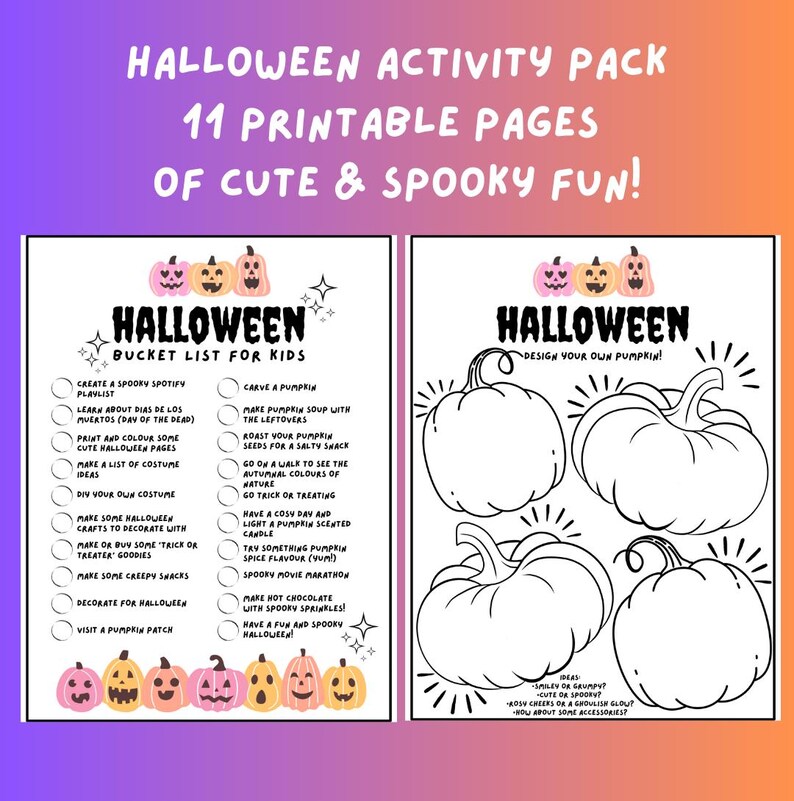 May include: Printable Halloween activity pack for kids with 11 pages of fun activities. The pack includes a bucket list for kids, a pumpkin design page, and cute pumpkin illustrations.