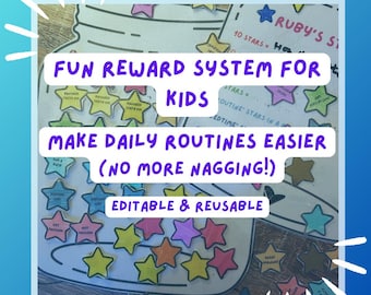 May include: A fun reward system for kids, featuring a jar design with colorful star stickers. The text reads "Fun Reward System for Kids" and "Make Daily Routines Easier (No More Nagging!)". The design is editable and reusable.
