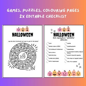 May include: A printable Halloween checklist with two sections. The first section is a maze with a black cat and the text "Can you help the black cat find its way to the moon?" The second section is a list of kid-friendly Halloween movies with checkboxes.