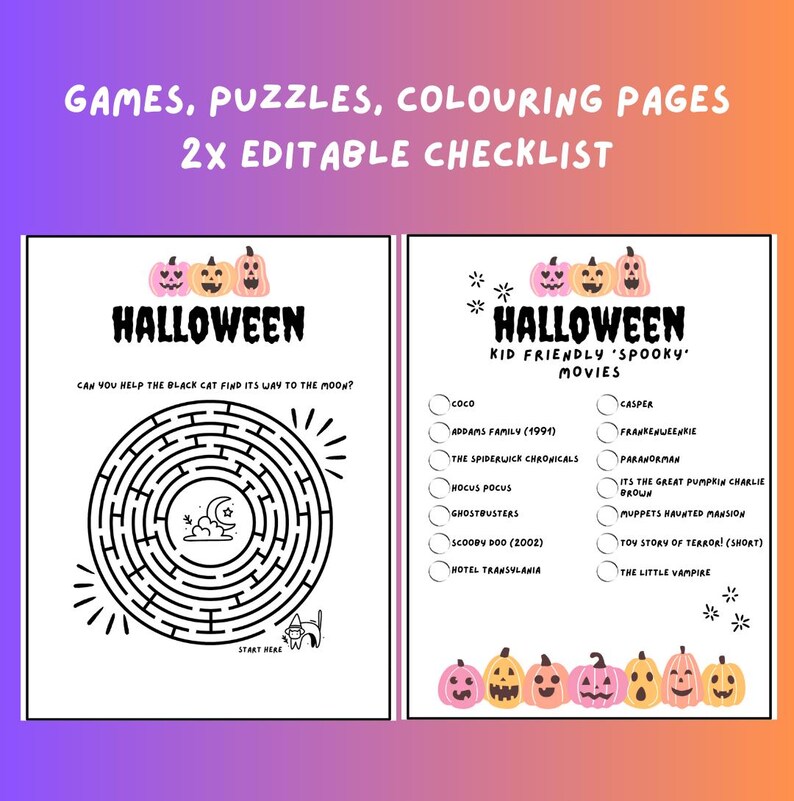May include: A printable Halloween checklist with two sections. The first section is a maze with a black cat and the text "Can you help the black cat find its way to the moon?" The second section is a list of kid-friendly Halloween movies with checkboxes.