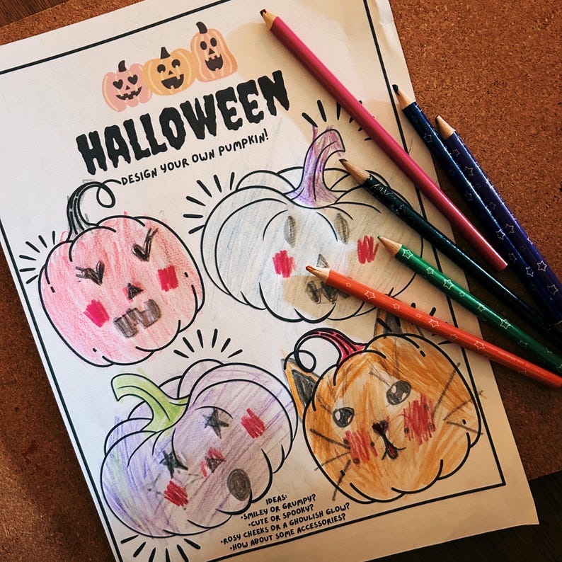 May include: A Halloween coloring page with five pumpkins to color. The pumpkins are outlined in black and have different facial expressions. The page also includes the text "HALLOWEEN" and "DESIGN YOUR OWN PUMPKIN!" along with some ideas for decorating the pumpkins.