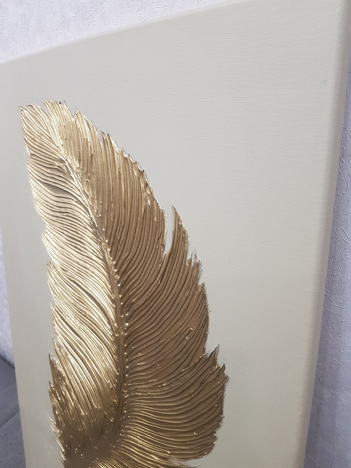 Gold feather painting on canvas acrylic interior wall art Etsy