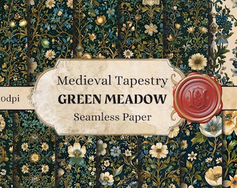 May include: A digital paper pack with 25 seamless patterns featuring a medieval tapestry design. The patterns are in shades of green, blue, yellow, and white and feature a floral motif. The text "Medieval Tapestry GREEN MEADOW Seamless Paper" is displayed on the image. The image is 3600 x 3600 pixels.