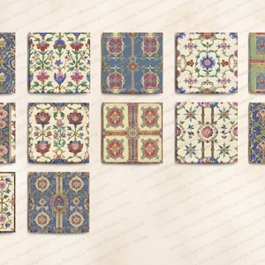 May include: Twelve digital paper squares featuring various floral and geometric patterns in shades of blue, red, green, and white.