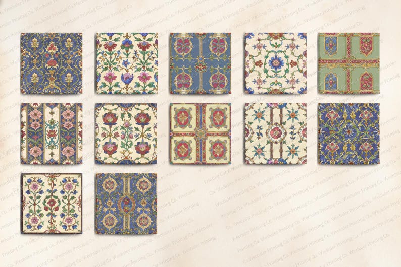 May include: Twelve digital paper squares featuring various floral and geometric patterns in shades of blue, red, green, and white.