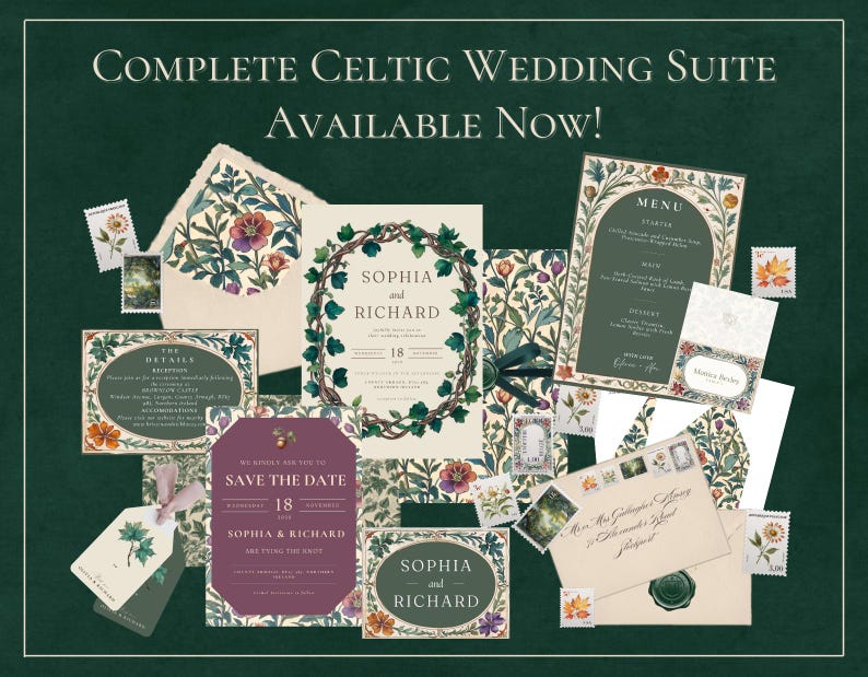 May include: A complete Celtic wedding suite with a green and floral design. The suite includes a save the date card, invitation, menu, and details card. The cards feature the names Sophia and Richard and the date 18.