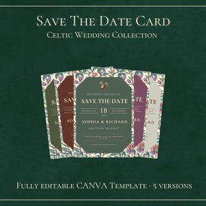 May include: Five different versions of a save the date card with a Celtic wedding theme. The cards feature a floral design with a green, red, and purple color scheme. The text on the cards reads "Save the Date" and includes the date "Wednesday, November 18th" and the names "Sophia & Richard".