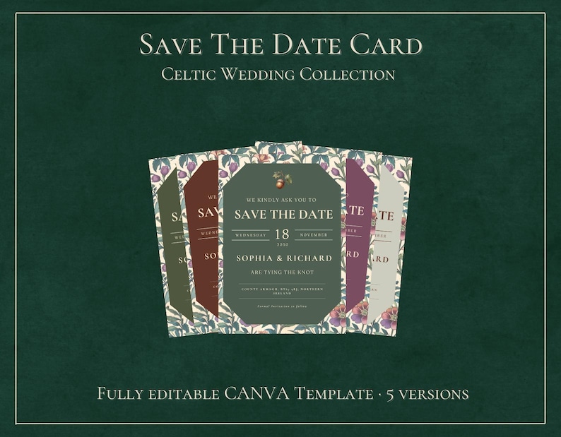 May include: Five different versions of a save the date card with a Celtic wedding theme. The cards feature a floral design with a green, red, and purple color scheme. The text on the cards reads "Save the Date" and includes the date "Wednesday, November 18th" and the names "Sophia & Richard".