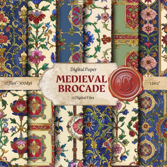 Medieval Pattern Digital Paper, Collage, Decoupage, Illuminated manuscript patterns, Junk Journal Kit, 12 Fantasy Medieval Manuscript Papers