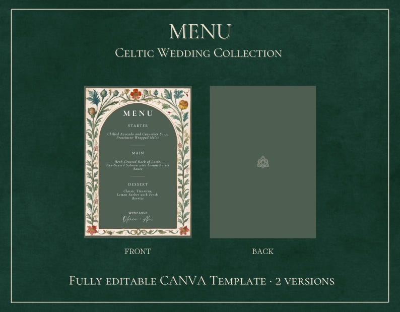 May include: A printable wedding menu template with a Celtic theme. The front features a floral border with a menu listing for starter, main, and dessert. The back is a solid green color with a Celtic knot design.