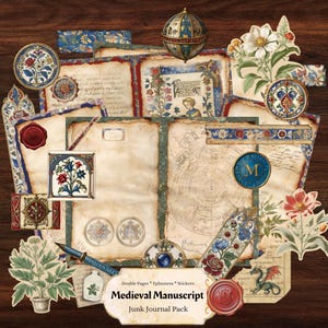 Kit de diário medieval Castlecore Junk Kit botânico medieval Manuscrito iluminado para impressão Clip Art Páginas duplas de diário Adesivos mágicos