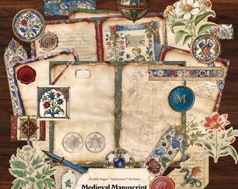 May include: A vintage-style junk journal kit with a medieval manuscript theme. The kit includes double pages, ephemera, and stickers. The cover features a hand-drawn illustration of a medieval manuscript with a compass rose and floral designs.