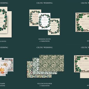 May include: Celtic wedding invitation suite with a leafy green ivy design. The suite includes a wedding invitation, RSVP card, and vellum envelope. The invitation features the names "Sophia and Richard" and the date "18".