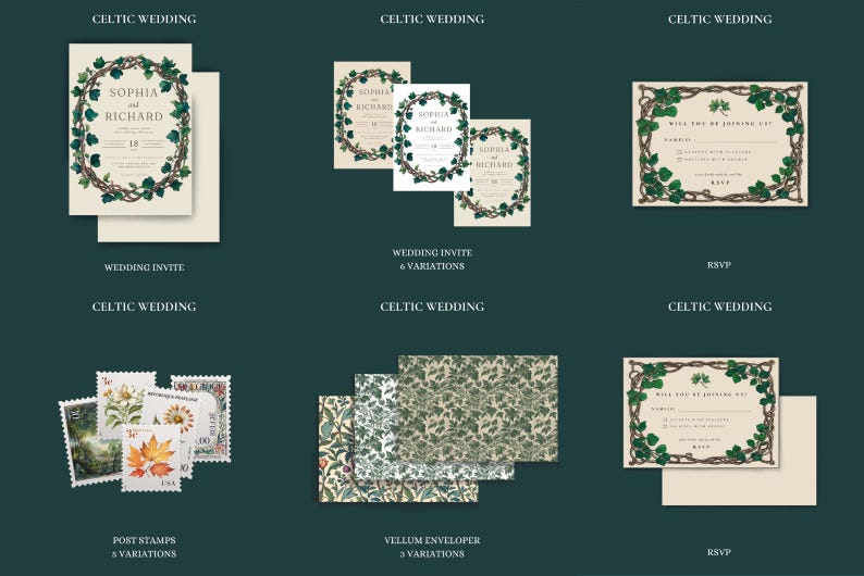 May include: Celtic wedding invitation suite with a leafy green ivy design. The suite includes a wedding invitation, RSVP card, and vellum envelope. The invitation features the names "Sophia and Richard" and the date "18".