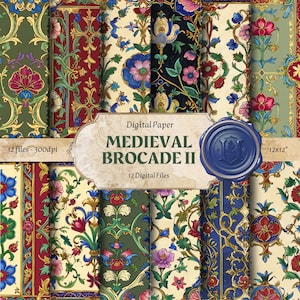 Papel de tapeçaria medieval digital para decoupage, forros de envelopes para convites de casamento brocados, diário de lixo, padrão de manuscrito iluminado vol.2