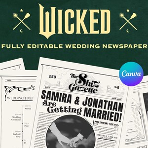Puede incluir: Una plantilla de periódico de boda totalmente editable con un diseño de periódico vintage. La plantilla presenta un titular que dice "¡Samira & Jonathan se casan!" y una foto de las manos de la pareja entrelazadas. La plantilla también incluye una sección para premios de invitados y una sección para la apertura de una nueva biblioteca.
