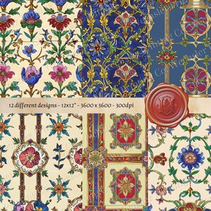 May include: Twelve different digital paper designs featuring intricate floral patterns in shades of blue, red, yellow, and green. The designs are inspired by medieval art and are perfect for scrapbooking, card making, and other craft projects. Each design is 3600 x 3600 pixels and 300 dpi.