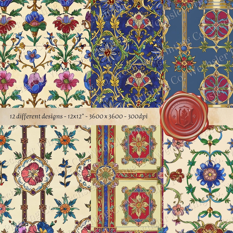 May include: Twelve different digital paper designs featuring intricate floral patterns in shades of blue, red, yellow, and green. The designs are inspired by medieval art and are perfect for scrapbooking, card making, and other craft projects. Each design is 3600 x 3600 pixels and 300 dpi.