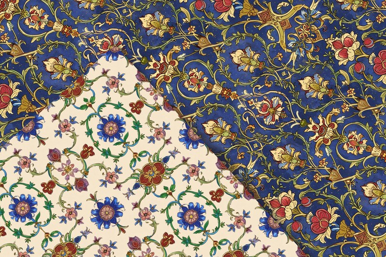 May include: A seamless pattern featuring intricate floral designs in shades of blue, green, red, and gold. The pattern is repeated on a white background and a dark blue background.