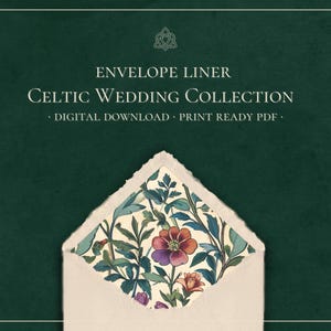 May include: A white envelope liner with a Celtic knot design at the top and a floral pattern on the inside. The text "Envelope Liner Celtic Wedding Collection - Digital Download - Print Ready PDF -" is printed on the front of the envelope.