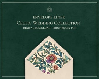 May include: A white envelope liner with a Celtic knot design at the top and a floral pattern on the inside. The text "Envelope Liner Celtic Wedding Collection - Digital Download - Print Ready PDF -" is printed on the front of the envelope.