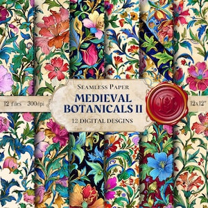Puede incluir: Una colección de diseños de papel sin costuras con patrones florales de estilo botánico medieval. Los diseños muestran una variedad de flores y follaje coloridos, sobre un fondo crema. La imagen incluye el texto "Medieval Botanicals II" y "12 Digital Designs."