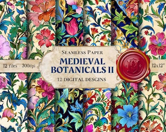 12 Medieval Renaissance Patterns, Illuminated Manuscript Floral Botanicals Seamless Pattern Pack Fantasy Medievalcore Drawer Liner Decoupage