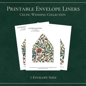May include: Printable envelope liners featuring a Celtic wedding design with floral patterns in shades of green, red, and white. The liners are available in 7 sizes, including A2 Euro Flap Liner.