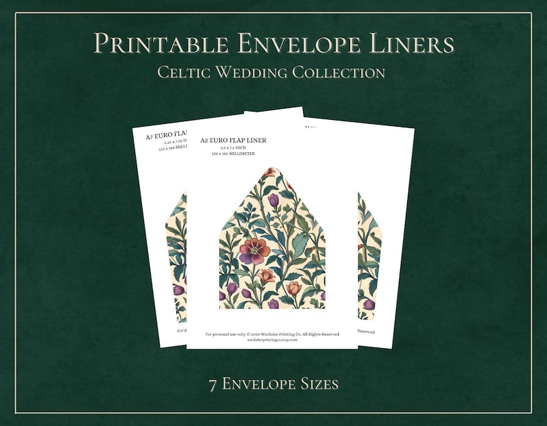 May include: Printable envelope liners featuring a Celtic wedding design with floral patterns in shades of green, red, and white. The liners are available in 7 sizes, including A2 Euro Flap Liner.