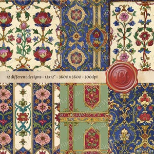 May include: Twelve different digital paper designs featuring intricate floral patterns in shades of blue, red, green, and gold. The designs are inspired by medieval Islamic art and are perfect for scrapbooking, card making, and other craft projects. Each design is 3600 x 3600 pixels and 300 dpi.