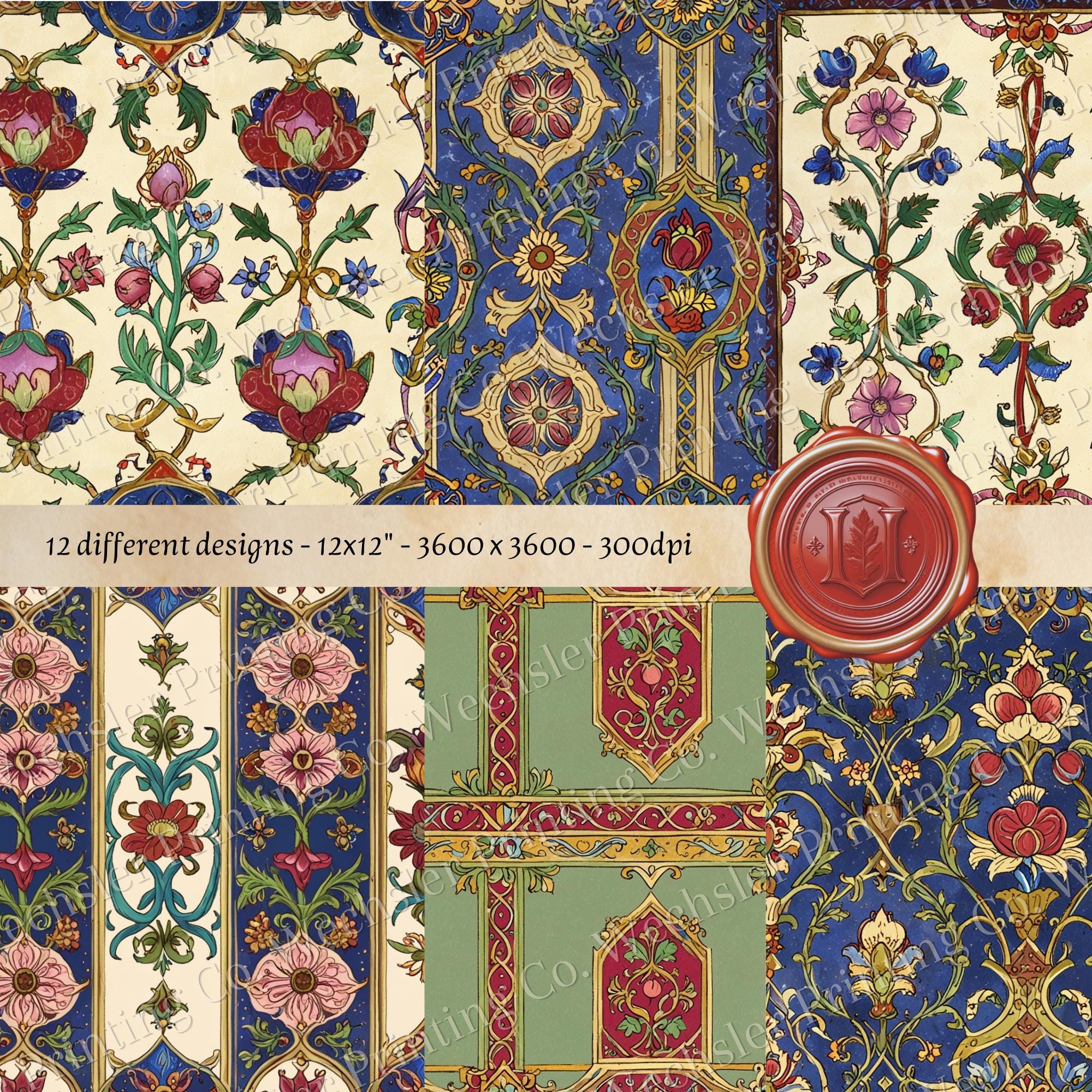 Medieval Pattern Digital Paper, Collage, Decoupage, Illuminated ...