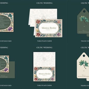 May include: A set of Celtic wedding stationery featuring a floral design with a green, brown, and white color scheme. The set includes a wedding venue details card, table place cards, and thank you gift tags. The text on the cards reads "The Details Reception" and "Monica Bexley Table 1". The text on the tags reads "Olivia & Richard".