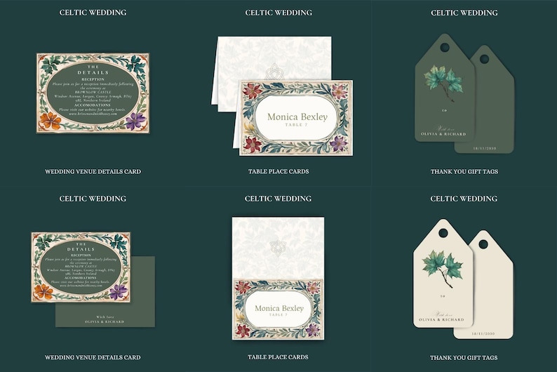 May include: A set of Celtic wedding stationery featuring a floral design with a green, brown, and white color scheme. The set includes a wedding venue details card, table place cards, and thank you gift tags. The text on the cards reads "The Details Reception" and "Monica Bexley Table 1". The text on the tags reads "Olivia & Richard".