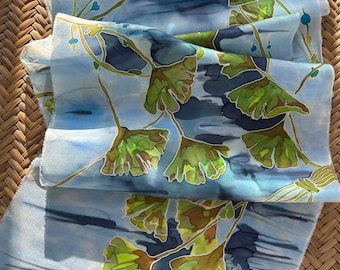 Hand Painted Silk Scarf, or wrap or shawl with Ginkos in Blues