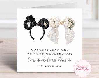 Personalised Mouse Ears Wedding Card, Mr and Mrs Card, Custom Marriage Greeting Card, Funny Wedding Gift, Newlywed card, Magical Wedding