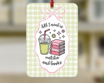 Matcha en boeken auto luchtverfrisser, grappige auto luchtverfrisser, leuke auto-accessoires, grappige cadeaus, schoolse cadeaus, matcha lover, boekenliefhebber cadeau