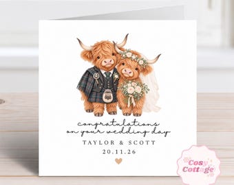 Personalised Scottish Highland Cow Wedding Card, Mr and Mrs Card, Marriage Greeting Card, Funny Wedding Gift, Newlyweds Wedding keepsake