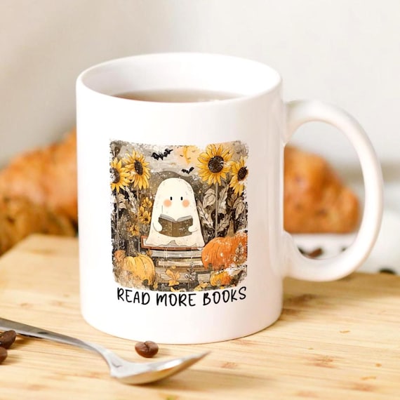 Bookish Ghost Mug, Cute Ghost Mug, Book Lover Gifts, Read More Books, Halloween Gift, Novelty Mug For Her, Autumn Gifts, Bookworm Gift