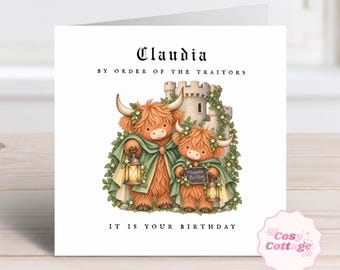 Personalised Traitors Theme Birthday Card, Funny Highland Cow Birthday Card, Scottish Birthday Card, Murder Mystery Card, Traitor Game Card