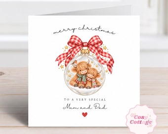 Personalised Highland Cow Christmas Card, Cute Christmas Bauble Card, Mum & Dad Christmas Card, Special Couple Card, Grandparents Xmas Card