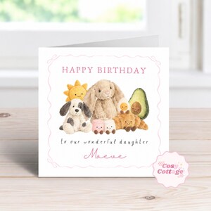 May include: A square birthday greeting card featuring a watercolor illustration of a plush bunny, a spotted puppy, a sun, an avocado, a croissant, and two marshmallows. The text reads HAPPY BIRTHDAY to our wonderful daughter Maeve.