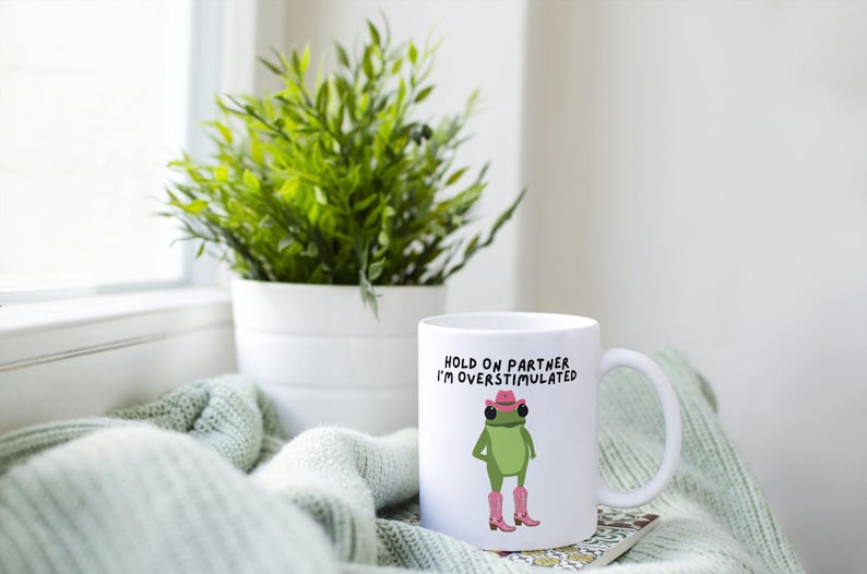 Funny Cowboy Frog Mug, Overstimulated Frog Mug, Funny Work Mug, Funny Office Mug, Funny Frog Gifts, Friendship Gift, Work Colleague Gift image 5