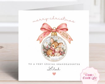 Personalised Bauble Christmas Card, Granddaughter Christmas Card, Daughter Xmas Card, Christmas Card for Girl, Woodland Xmas Card, Fawn Card