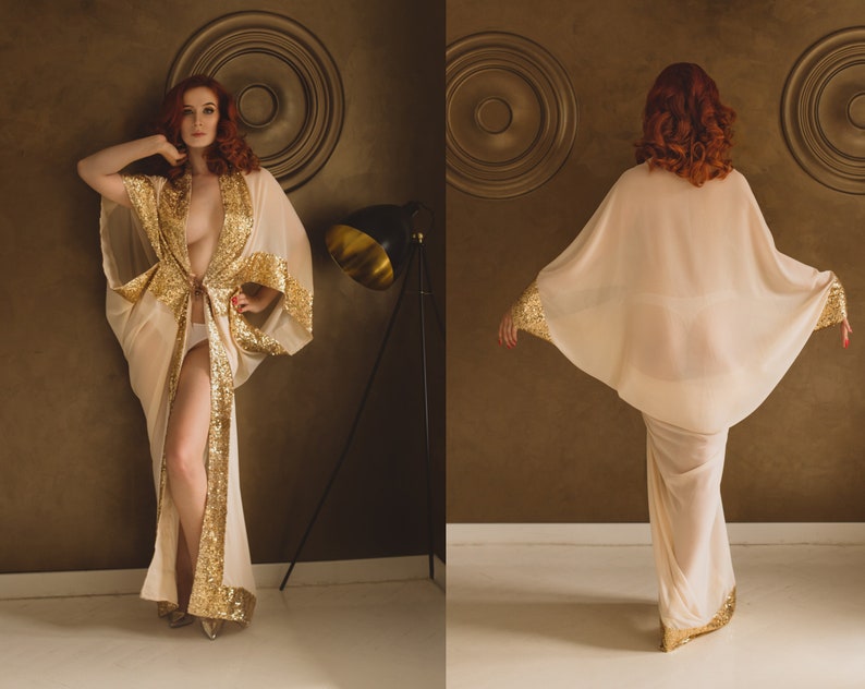 kimono bathrobe robe gold dress lingerie boudoir beach bride gift airy chiffon orient retro vintage sequins heat summer sexy peniuar wedding 