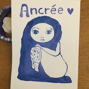 Ancrée - Carte postale - Etegami - Aquarelle - Femme - Peinture - Fait main