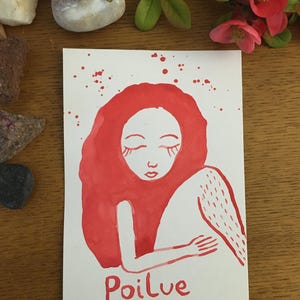 Poilue - Carte postale - Etegami - Aquarelle - Femme - Peinture - Fait main