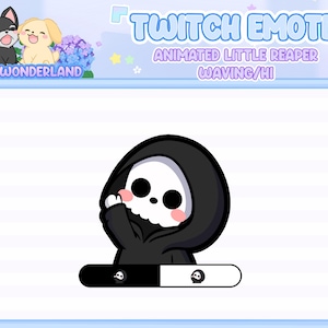 Può includere: Grafica digitale di un cartone animato della morte che saluta. La morte è in bianco e nero con guance rosee, indossa un abito con cappuccio nero. Il testo in alto recita "Twitch Emote" e "Animated Little Reaper Waving/Hi".