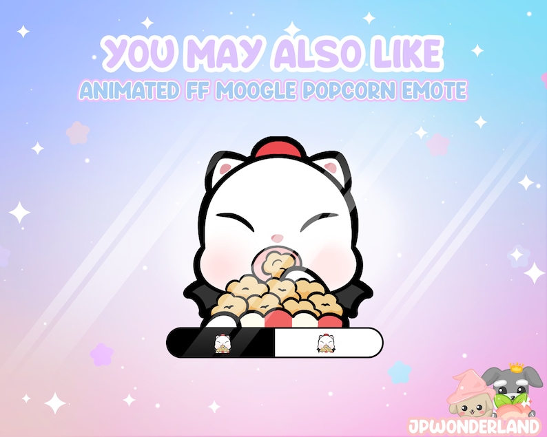 Op de afbeelding: Geanimeerde digitale kunst van een wit katachtig personage, popcorn etend. Het personage heeft zwarte accenten, een rode hoed en staat tegen een pastelkleurige achtergrond met de tekst "YOU MAY ALSO LIKE ANIMATED FF MOOGLE POPCORN EMOTE".