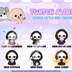 Lot d'alertes Twitch animées uniques de Little Grim Reaper | Alertes de flux | Effrayant | Gothique | Fantôme