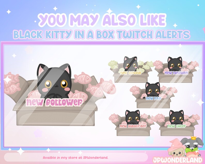 Puede incluir: Un conjunto de alertas de Twitch con un gato negro en una caja con diferentes mensajes, incluyendo "Nuevo Seguidor", "Nuevo Sub", "Nueva Donaci&oacute;n", "Nuevo Suscriptor" y "Nuevo Cheer".